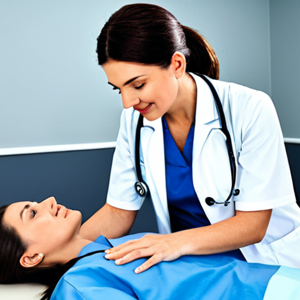 심장초음파 검사 준비 방법 - **Prompt:** A friendly female doctor in a bright, clean examination room, fully clothed in professio...