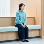 근골격계 질환 진료 병원 비교 - A serene and modern clinic waiting area. A young to middle-aged Japanese woman, dressed in a comfort...