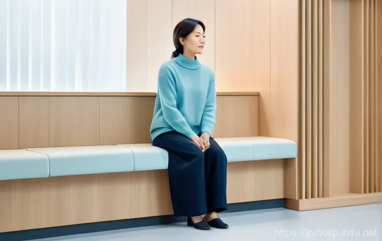 근골격계 질환 진료 병원 비교 - A serene and modern clinic waiting area. A young to middle-aged Japanese woman, dressed in a comfort...