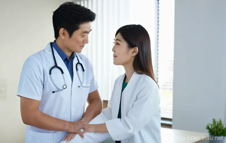 근골격계 질환 진료 병원 비교 - A serene and modern clinic waiting area. A young to middle-aged Japanese woman, dressed in a comfort...