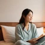 가정의학과에서 다루는 건강 관리 팁 - **Prompt:** A serene and cozy bedroom at twilight. A young Japanese woman in her late 20s, dressed i...