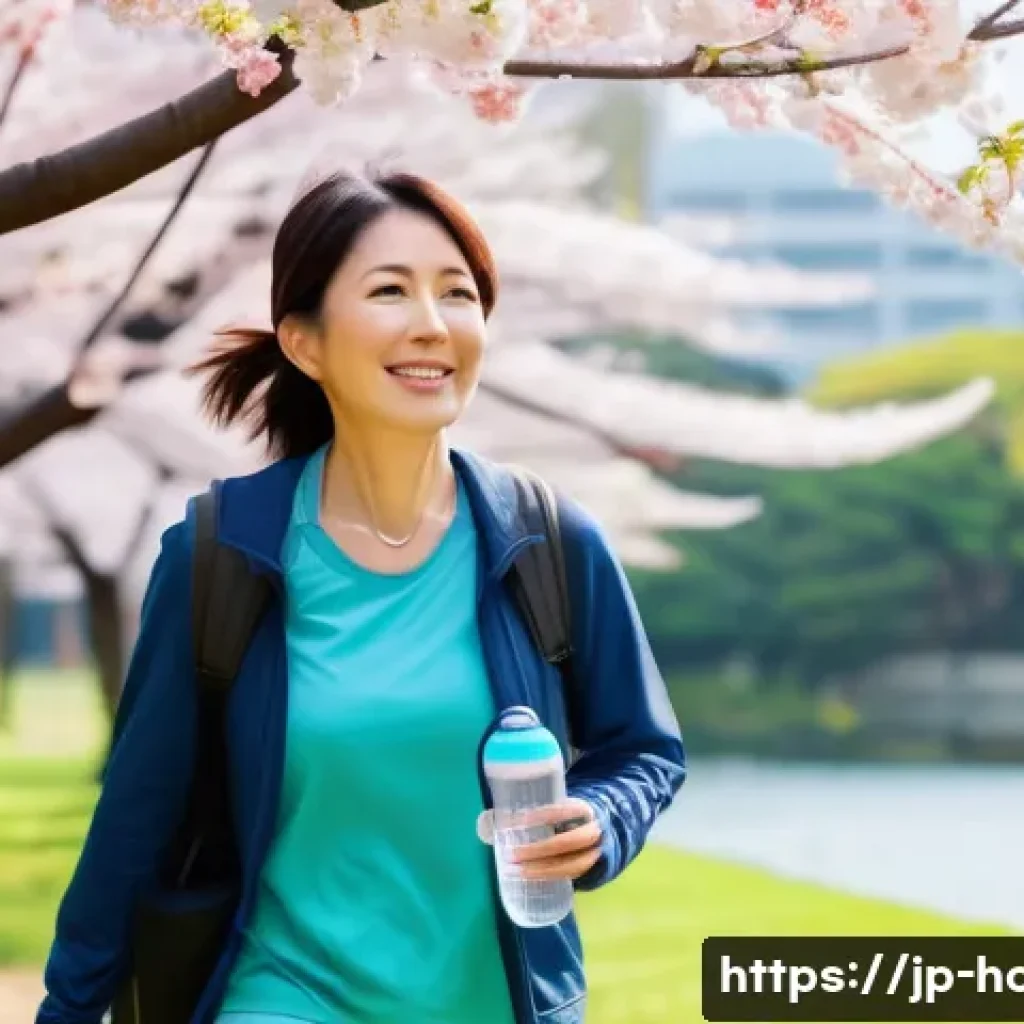 건강검진에서 자주 발견되는 이상 소견 - A modern Japanese woman in her 40s, dressed in comfortable casual clothes, walking briskly in a sere...
