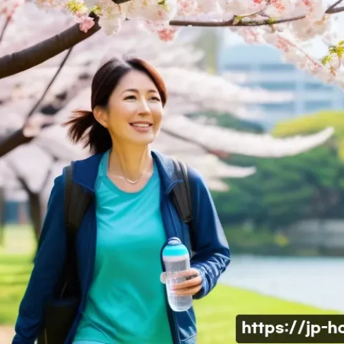 건강검진에서 자주 발견되는 이상 소견 - A modern Japanese woman in her 40s, dressed in comfortable casual clothes, walking briskly in a sere...