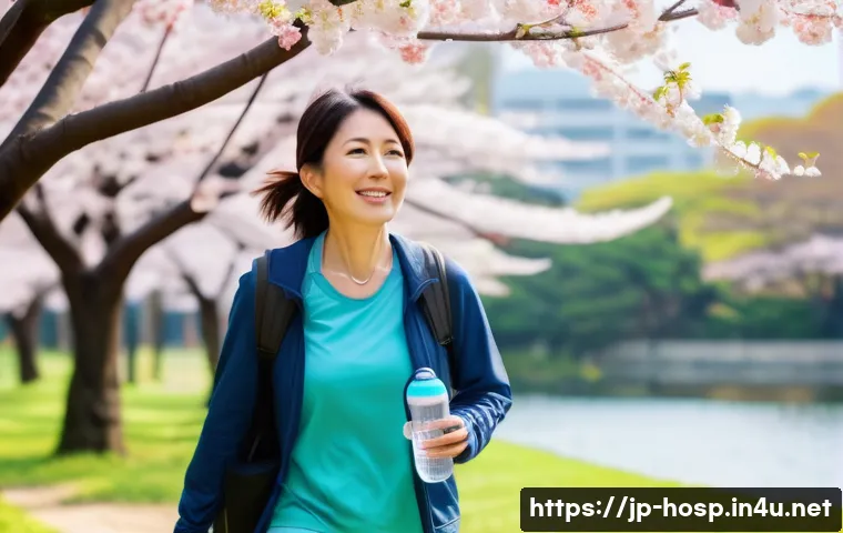 건강검진에서 자주 발견되는 이상 소견 - A modern Japanese woman in her 40s, dressed in comfortable casual clothes, walking briskly in a sere...