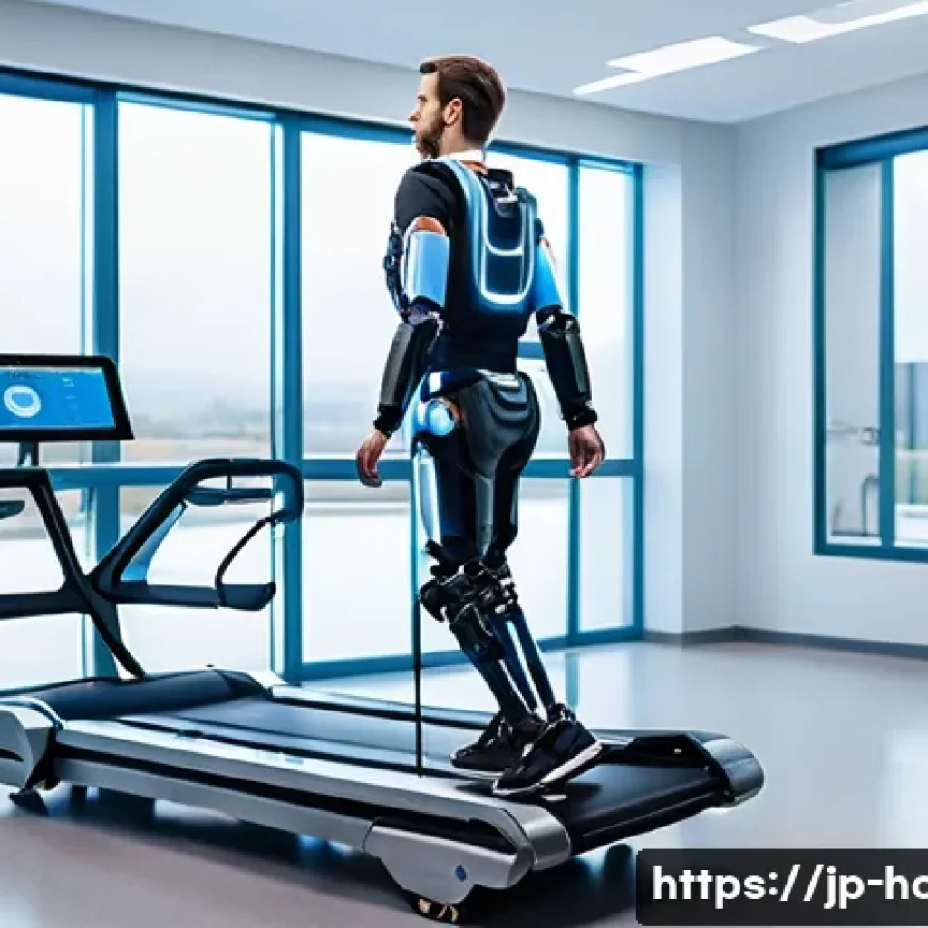 재활치료 병원에서 사용하는 장비 비교 - A modern rehabilitation clinic scene featuring a patient wearing a robotic exoskeleton suit designed...