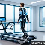 재활치료 병원에서 사용하는 장비 비교 - A modern rehabilitation clinic scene featuring a patient wearing a robotic exoskeleton suit designed...