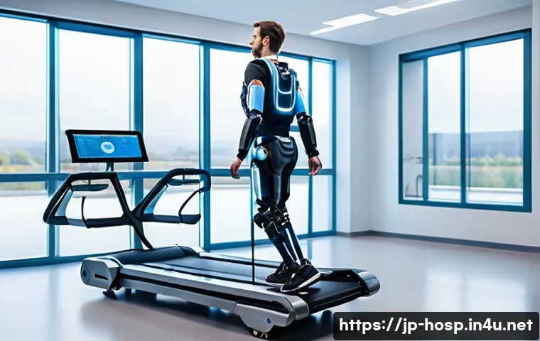 재활치료 병원에서 사용하는 장비 비교 - A modern rehabilitation clinic scene featuring a patient wearing a robotic exoskeleton suit designed...
