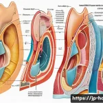 청력 검사와 이비인후과 진료 병원 - A detailed medical illustration of the human ear anatomy focusing on the outer, middle, and inner ea...
