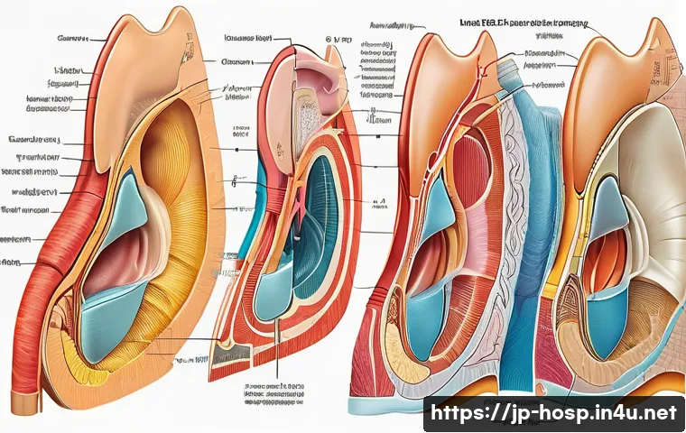 청력 검사와 이비인후과 진료 병원 - A detailed medical illustration of the human ear anatomy focusing on the outer, middle, and inner ea...