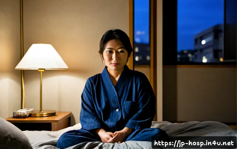 만성 스트레스와 불면증 치료법 - Photorealistic nighttime bedroom scene in a modern Japanese apartment, middle-aged Japanese woman si...